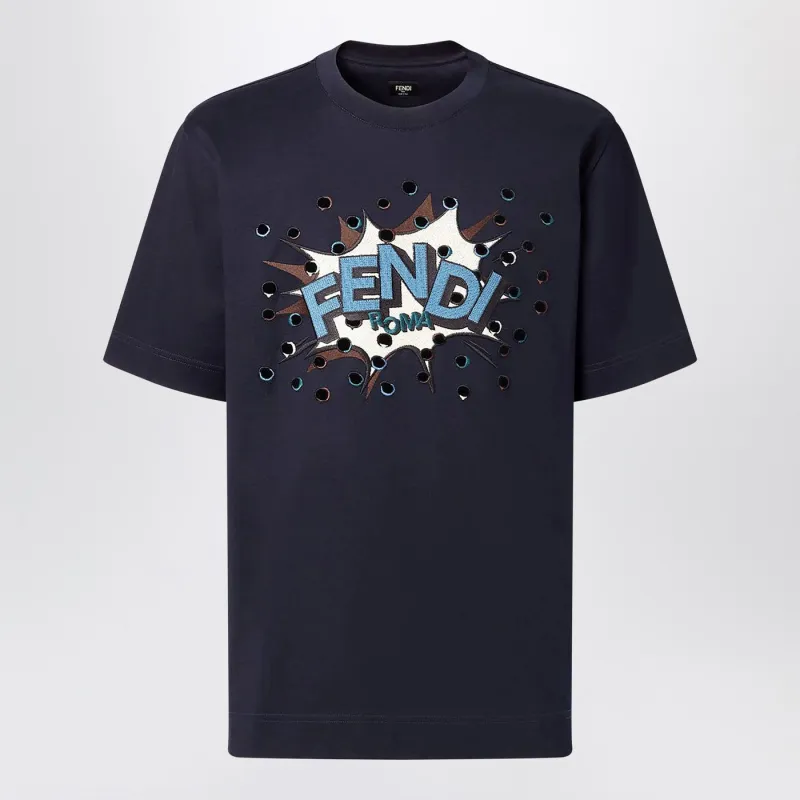 Dark Blue Cotton T-Shirt With Logo made by Fendi