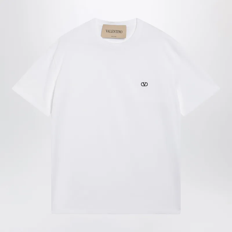 White Cotton T-Shirt With V Logo Embroidery made by Valentino Garavani