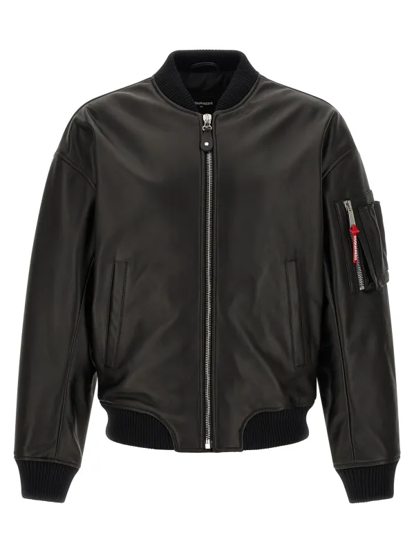 Leather Bomber Jacket Puffer Jackets Black made by DSQUARED2