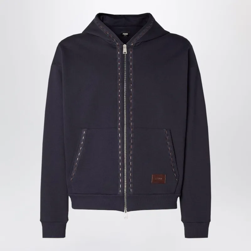 Navy Blue Cotton Zip-Up Hoodie made by Fendi