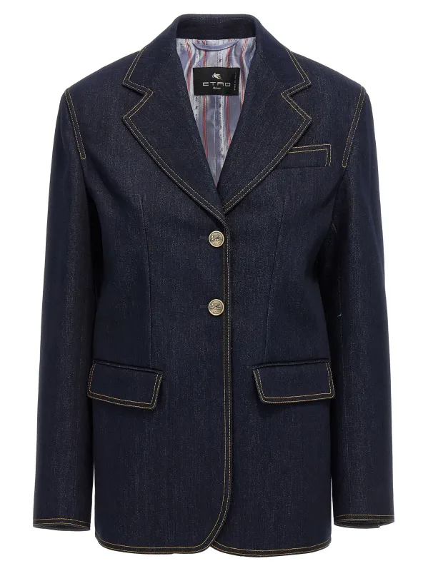 Single-Breasted Denim Blazer Blazers Blue made by Etro