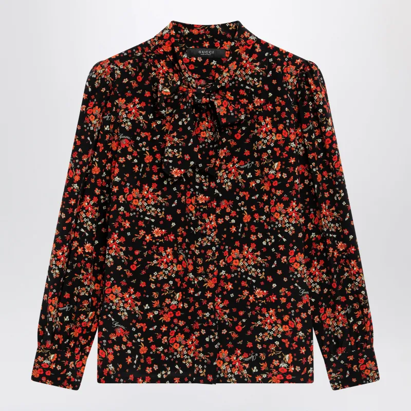 Printed Silk Shirt With Bow In Black/Red made by Gucci