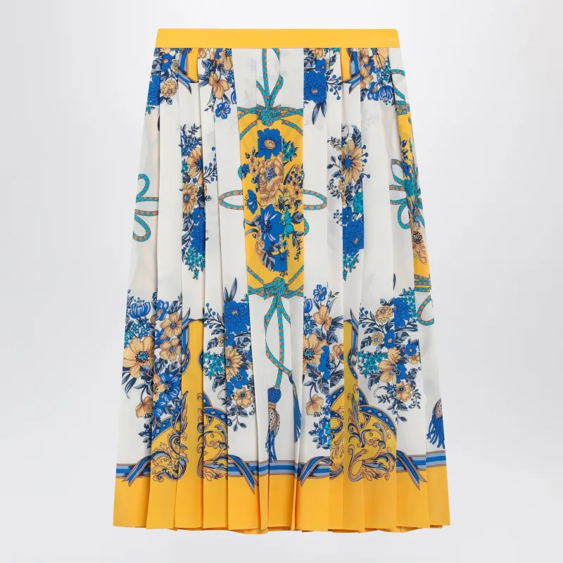 Pleated Midi Silk Skirt With Flora Print In Yellow/Ivory made by Gucci