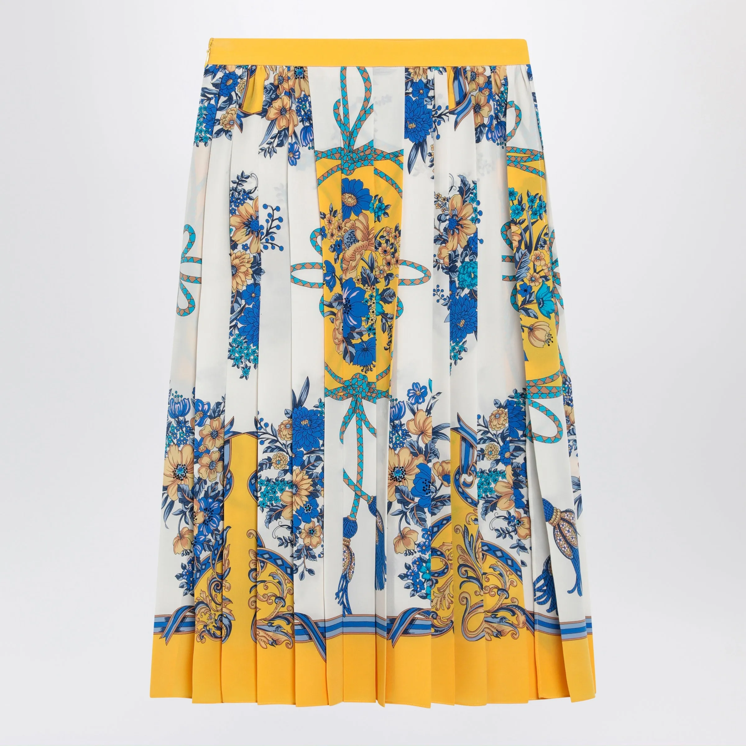 Pleated Midi Silk Skirt With Flora Print In Yellow/Ivory sold by Wanan Luxury product image thumbnail 2