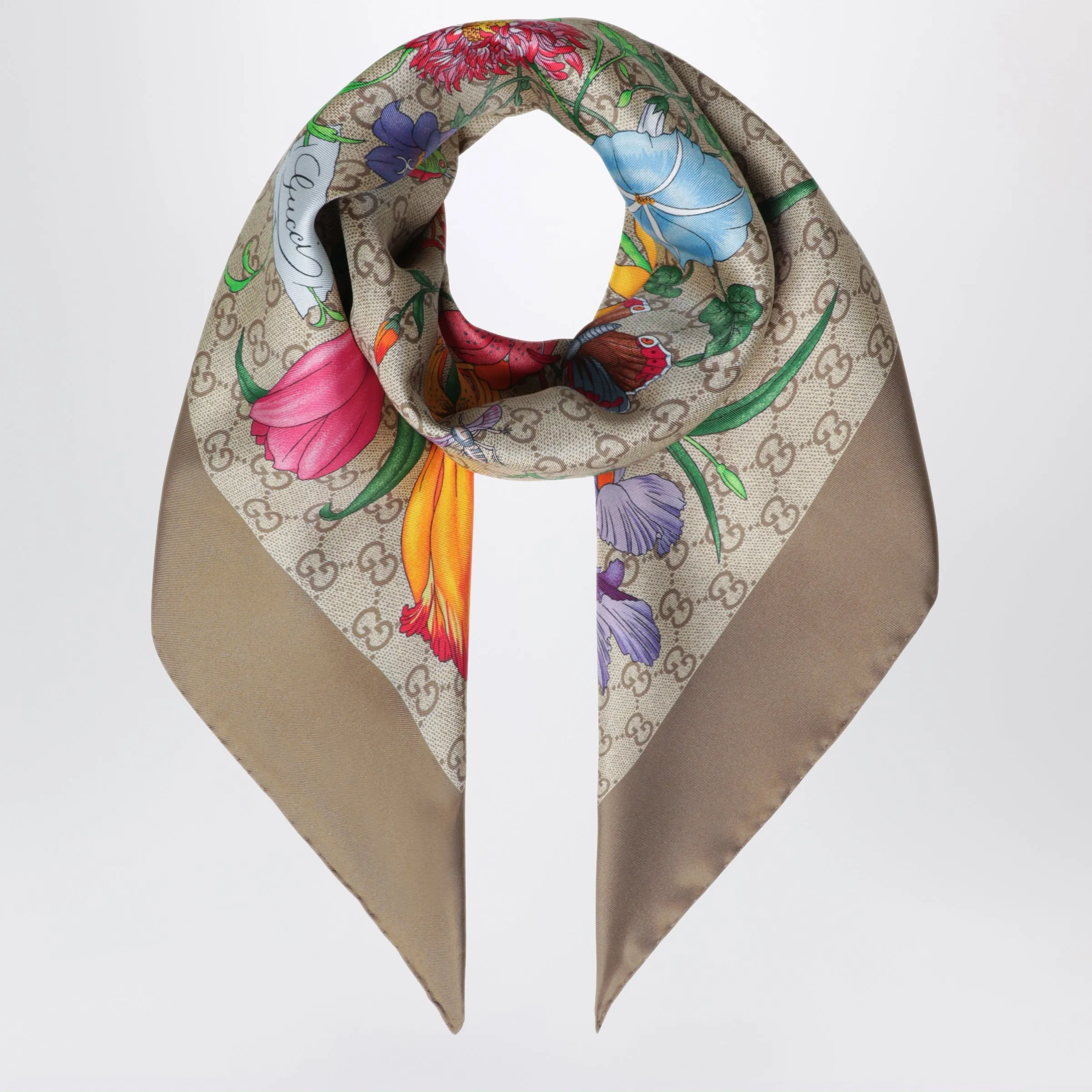 Silk Twill Carré With Gg Flora Print In Light Brown sold by Wanan Luxury