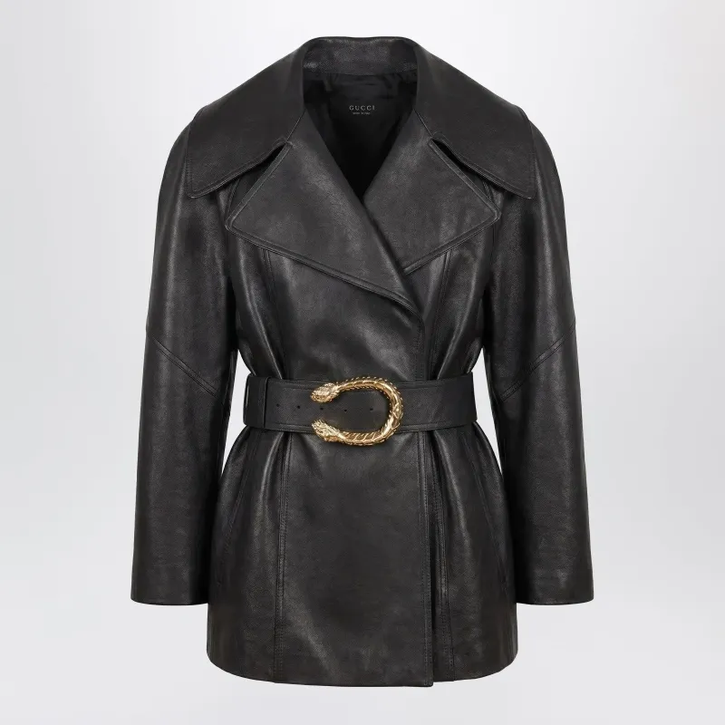 Black Leather Jacket With Dionysus Belt made by Gucci
