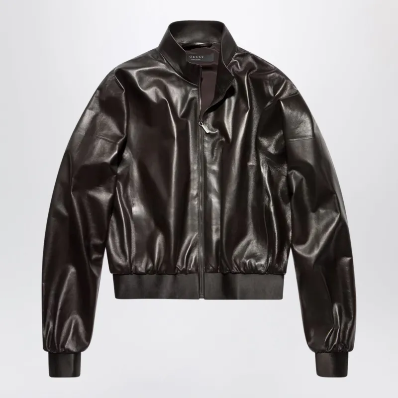 Soft Nappa Leather Bomber Jacket In Dark Brown made by Gucci