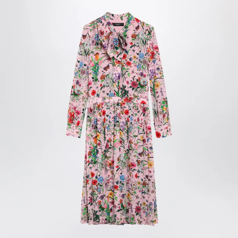Flora Print Silk Shirt Dress In Pink Multicolor made by Gucci