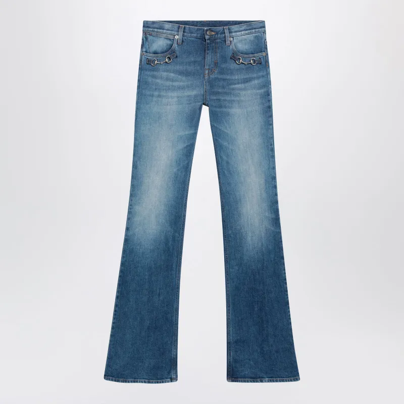 Low-Rise Flare Jeans With Horsebit In Blue Denim made by Gucci