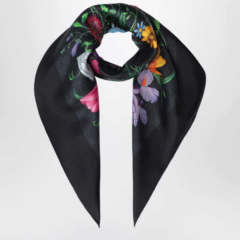 Silk Twill Carré With Gg Flora Print In Black made by Gucci