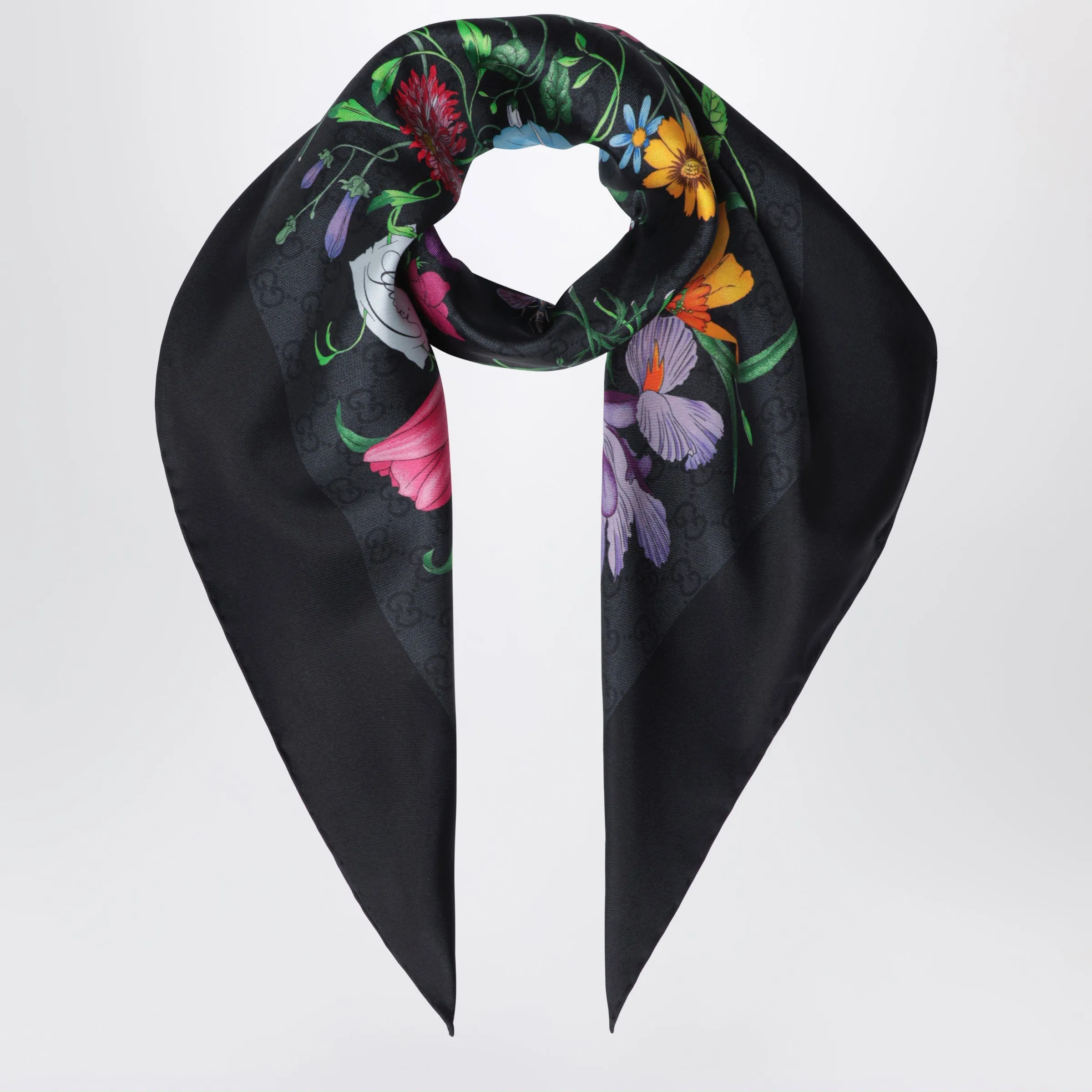 Silk Twill Carré With Gg Flora Print In Black sold by Wanan Luxury