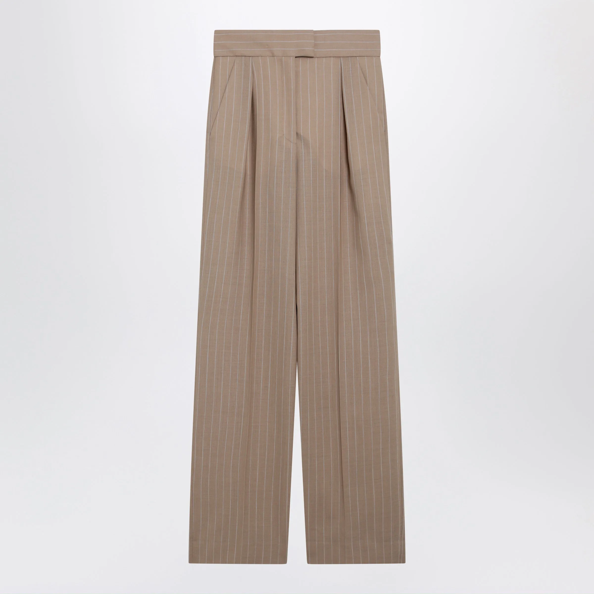 Mud-Colored Pinstripe Wool Trousers sold by Wanan Luxury
