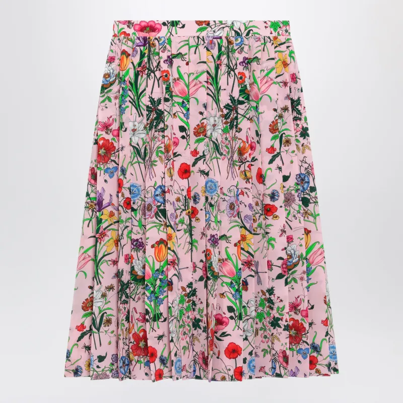 Flora-Print Pleated Silk Midi Skirt In Pink made by Gucci
