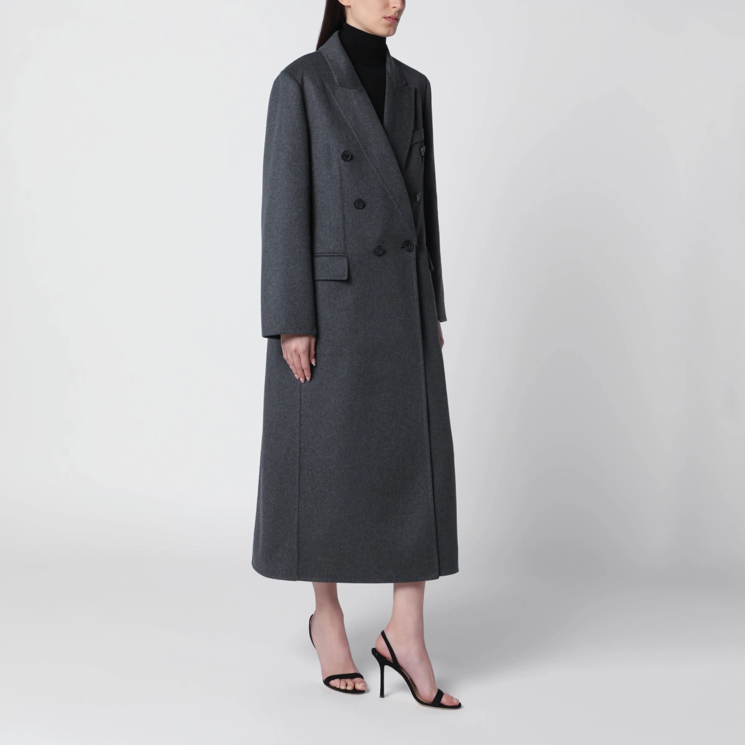 Double-Breasted Coat In Grey Mélange Wool And Cashmere sold by Wanan Luxury