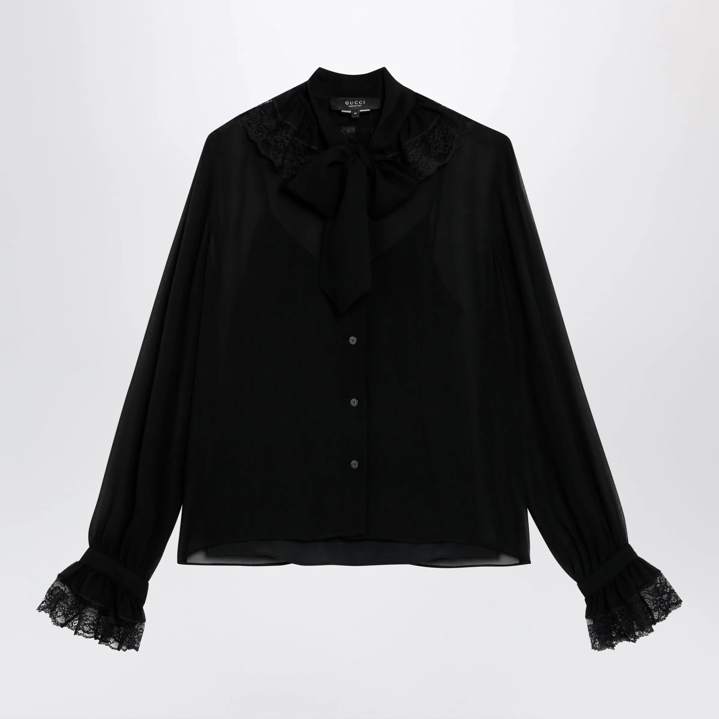 Black Lightweight Silk Georgette Shirt With Lace sold by Wanan Luxury