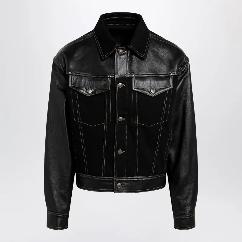 Black Denim And Leather Bomber Jacket made by Versace