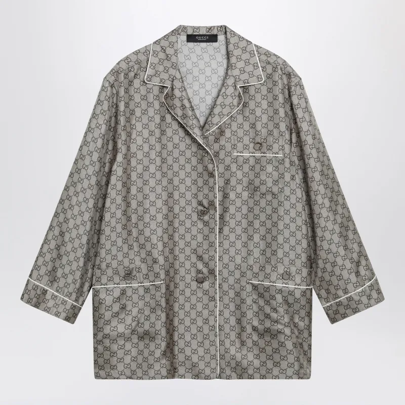 Silk Twill Shirt With Gg Print In Beige made by Gucci