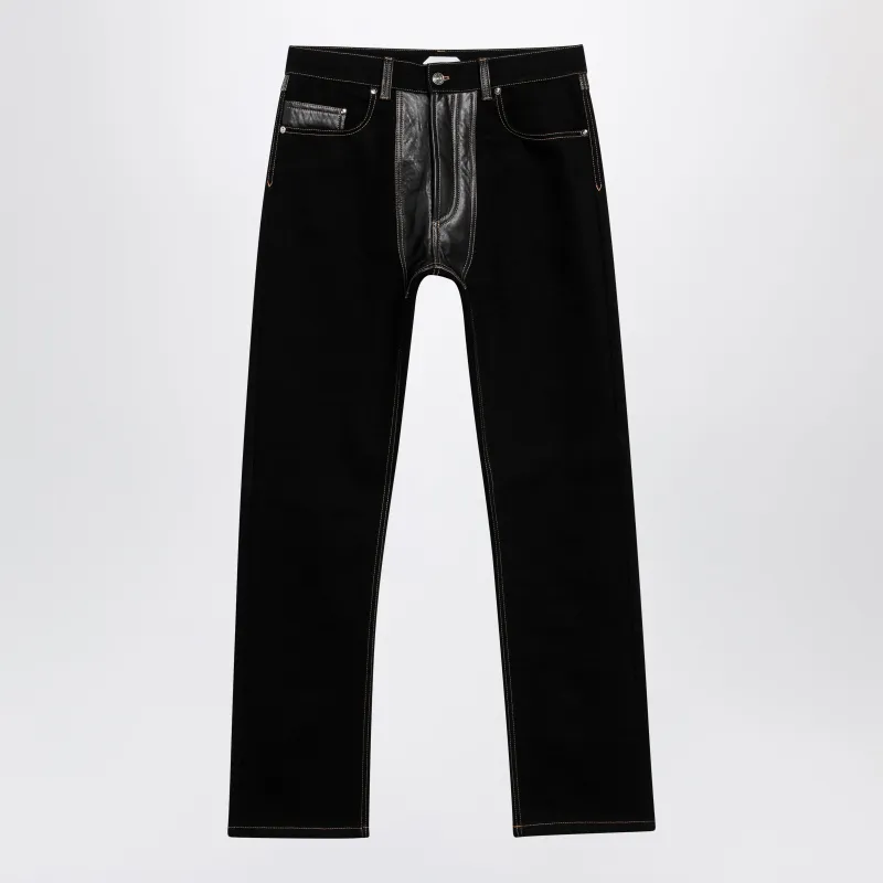 Straight-Leg Denim And Leather Jeans In Black made by Versace
