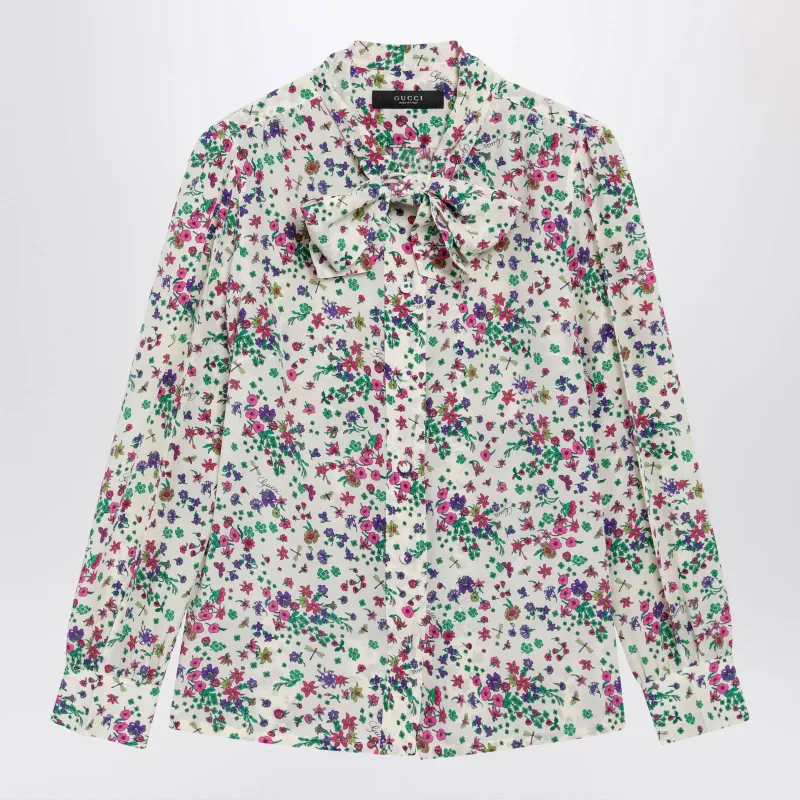 Printed Silk Shirt With Bow In Ivory/Pink made by Gucci