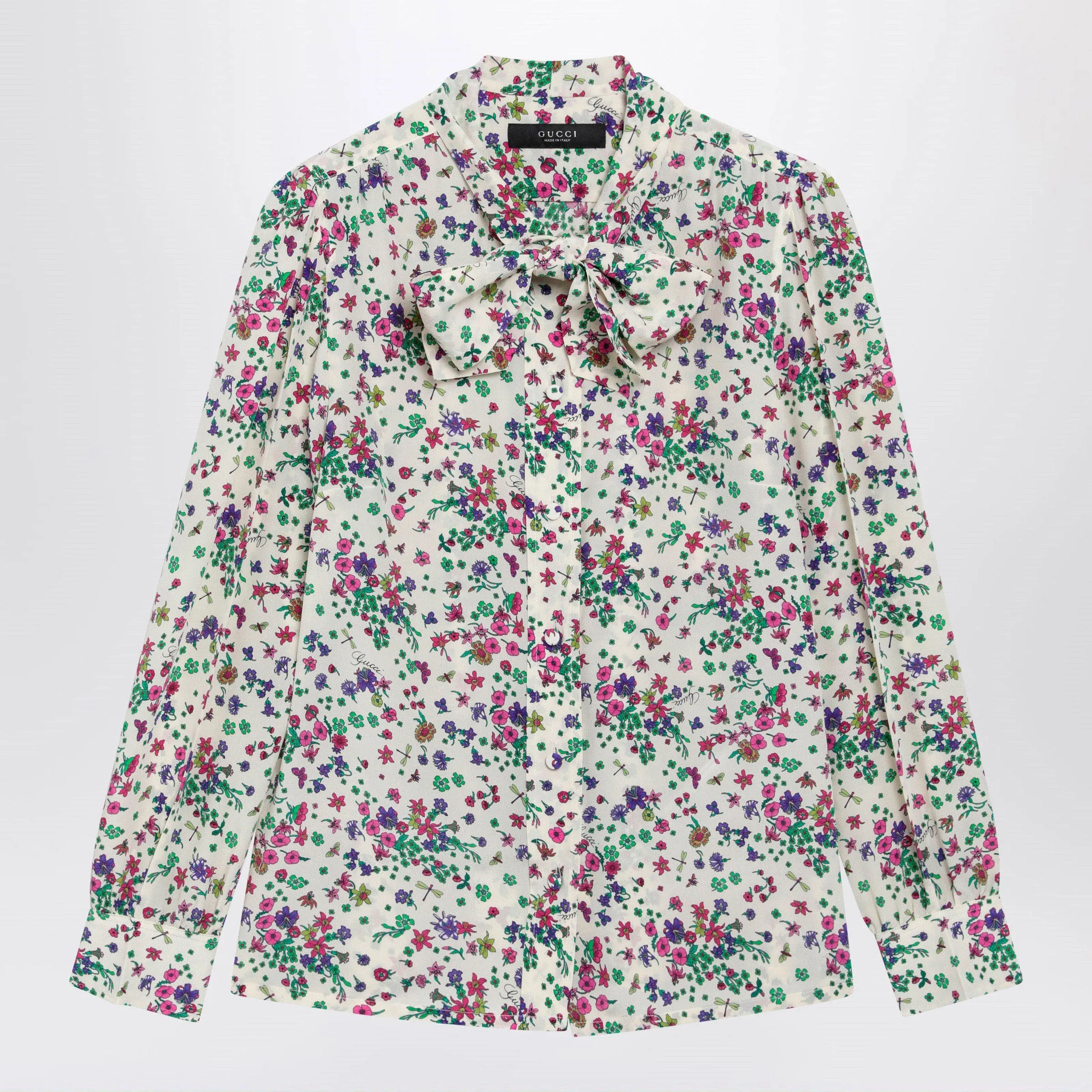Printed Silk Shirt With Bow In Ivory/Pink sold by Wanan Luxury