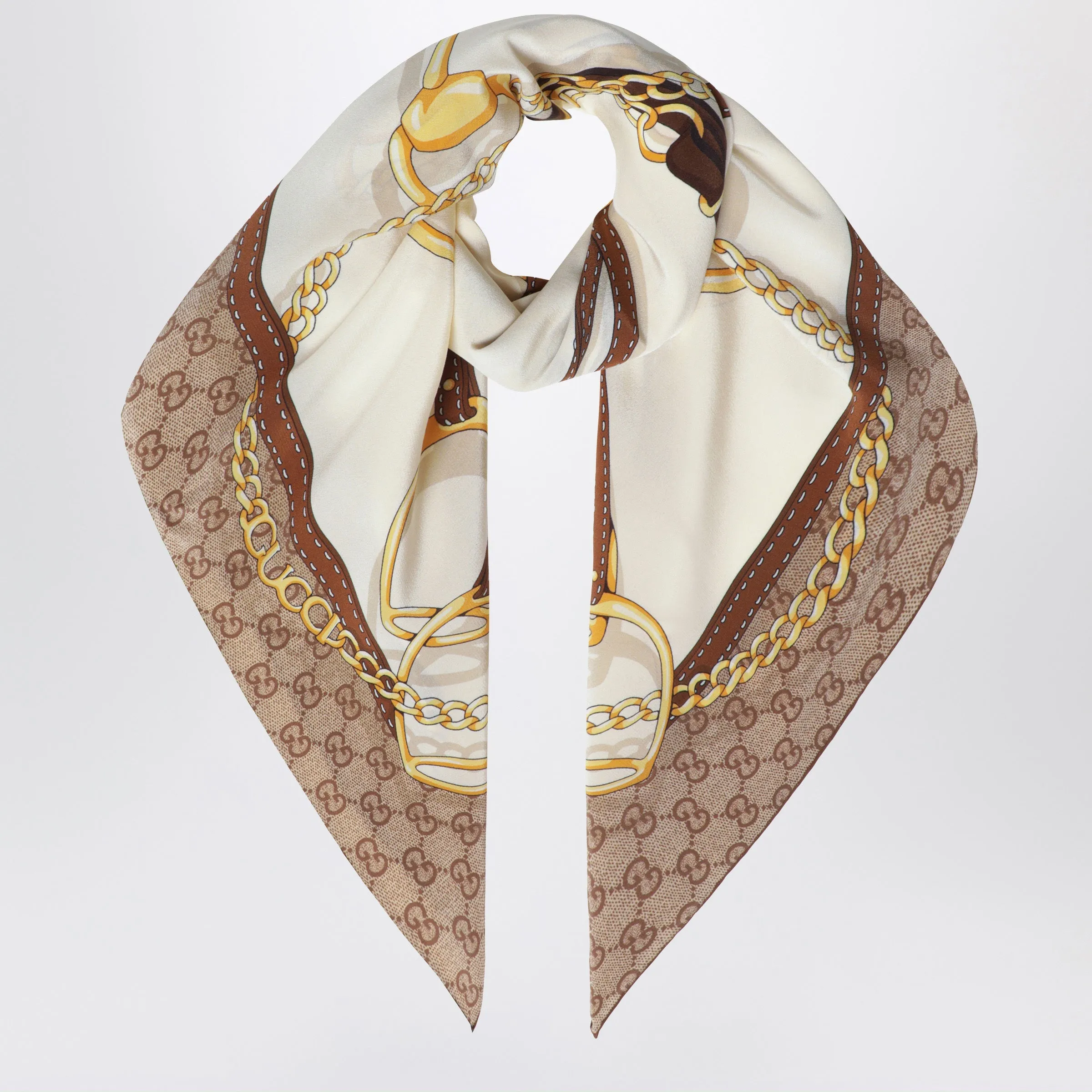 Printed Silk Crêpe Carré In Ivory/Light Brown sold by Wanan Luxury