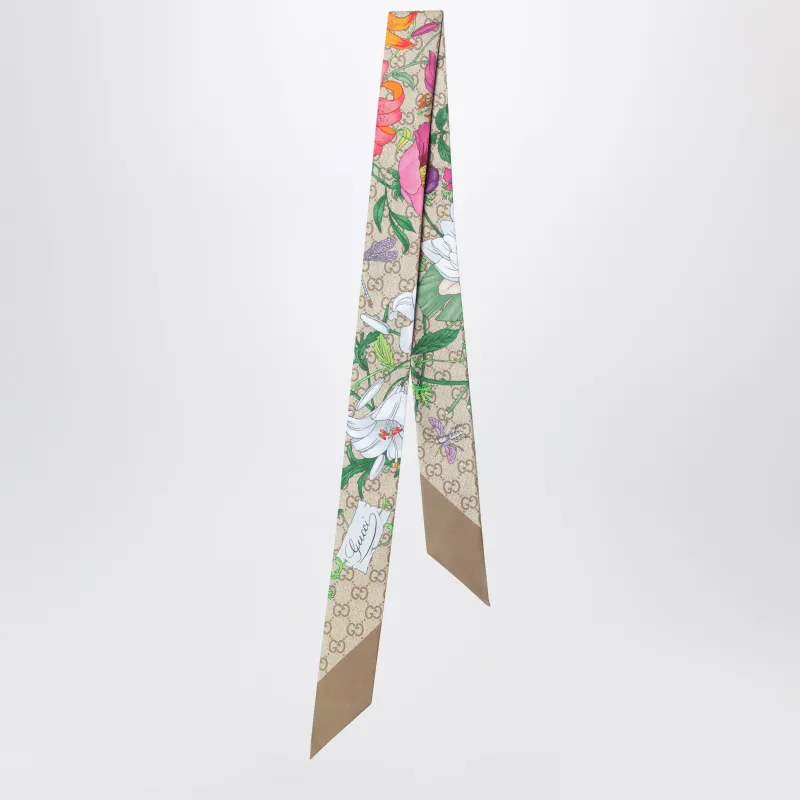 Silk Ribbon With Gg Flora Print In Light Brown made by Gucci