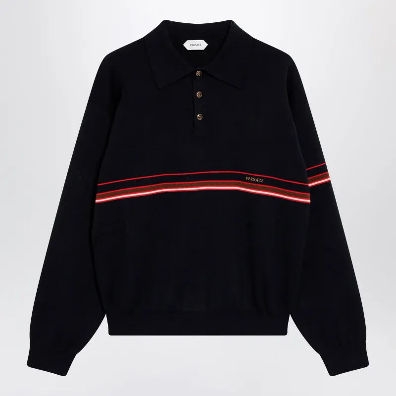 Navy Blue Cotton Knit Polo Shirt With Embroidered Logo made by Versace
