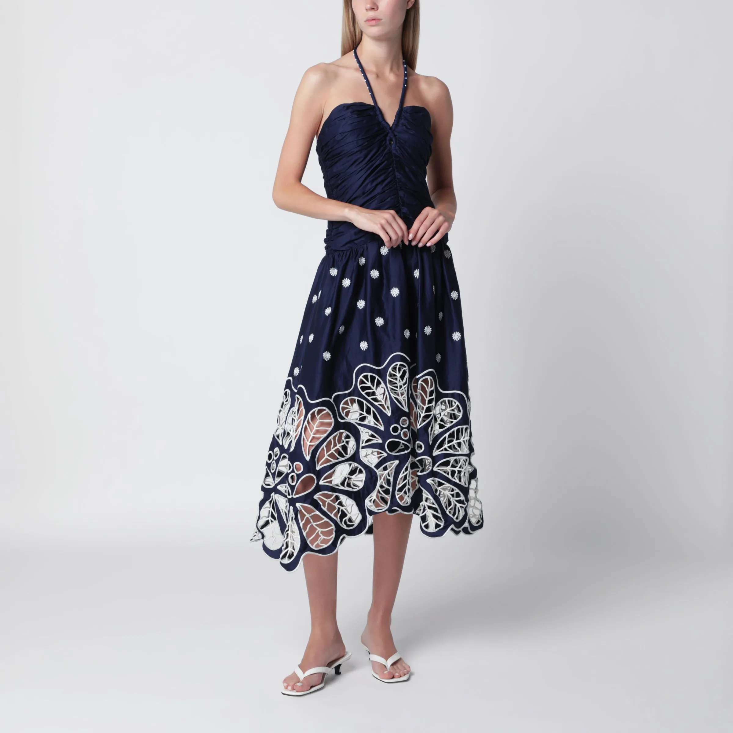 Navy Blue Richelieu Midi Dress With Embroidery sold by Wanan Luxury