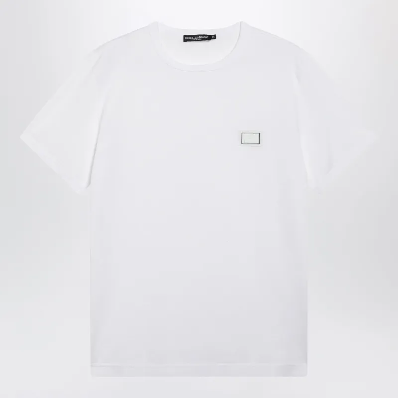 Cotton T-Shirt With Logo Plaque In Optic White made by Dolce & Gabanna