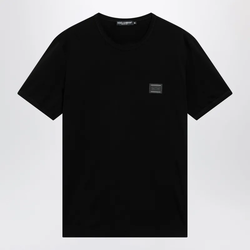 Cotton T-Shirt With Logo Plaque In Black made by Dolce & Gabanna