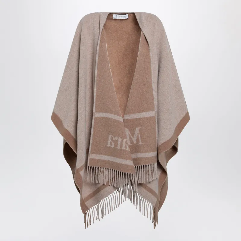 Jacquard Poncho With Fringes In Sand-Colored Wool made by MaxMara