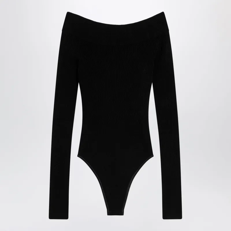 Shaping Ribbed Knit Off-Shoulder Bodysuit In Black made by Alaia