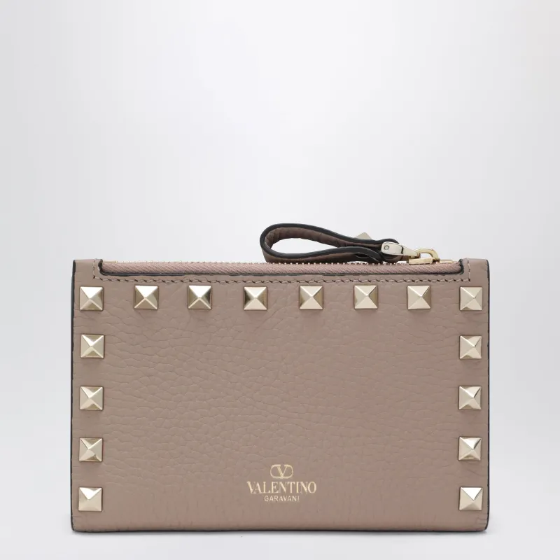 Powder Pink Leather Rockstud Zip Card Holder made by Valentino Garavani