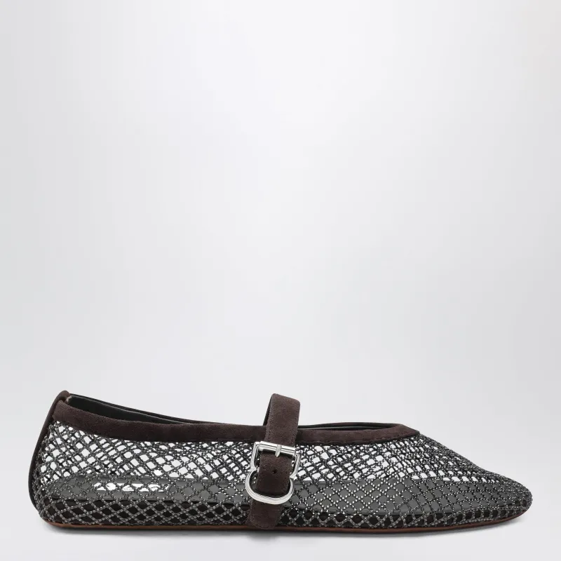 Flat Rhinestone Mesh Ballerinas In Suede, Smoky Brown made by Alaia