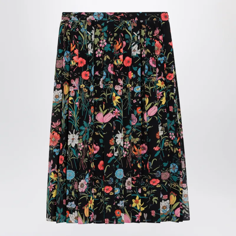 Pleated Midi Silk Skirt With Flora Print In Black made by Gucci