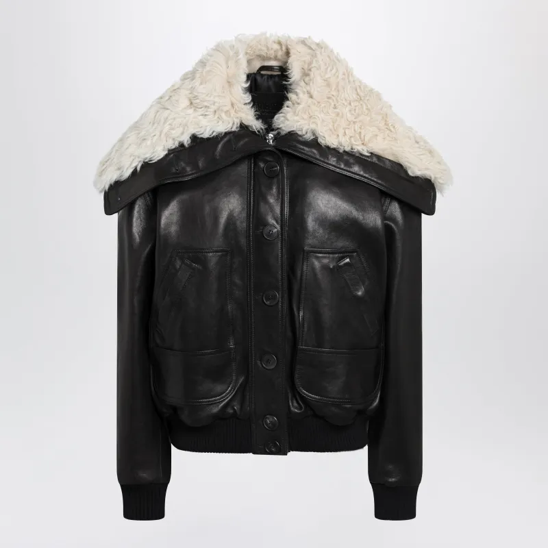 Black Leather Bomber Jacket With Shearling Collar made by The Attico