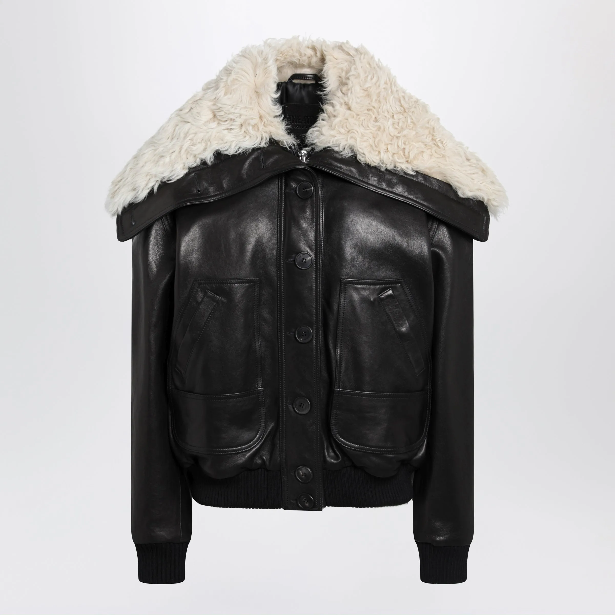 Black Leather Bomber Jacket With Shearling Collar sold by Wanan Luxury
