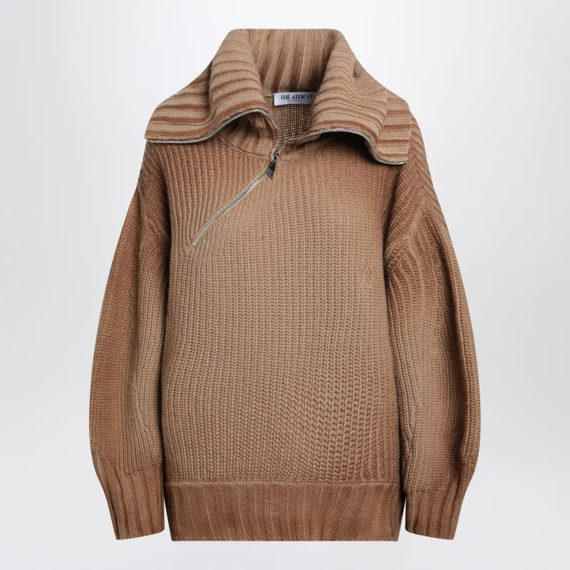 Camel Wool And Cashmere Sweater With Asymmetric Zip made by The Attico