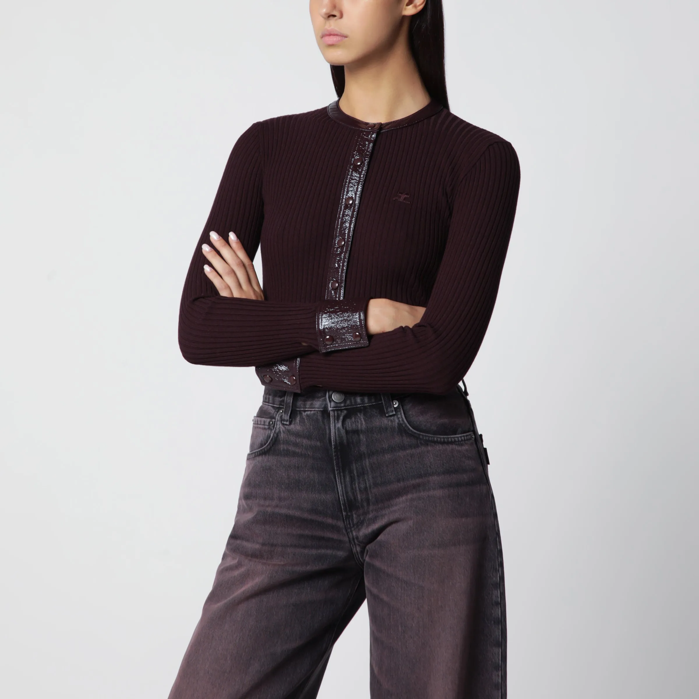 Ribbed Knit Cardigan With Vinyl Trim In Burgundy sold by Wanan Luxury