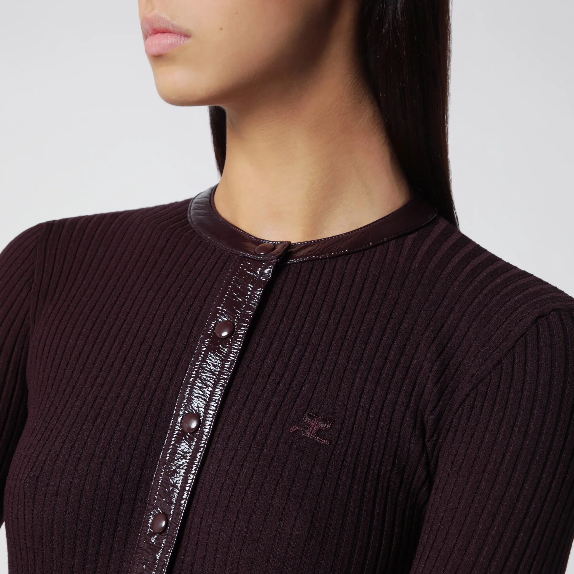 Ribbed Knit Cardigan With Vinyl Trim In Burgundy sold by Wanan Luxury product image thumbnail 2