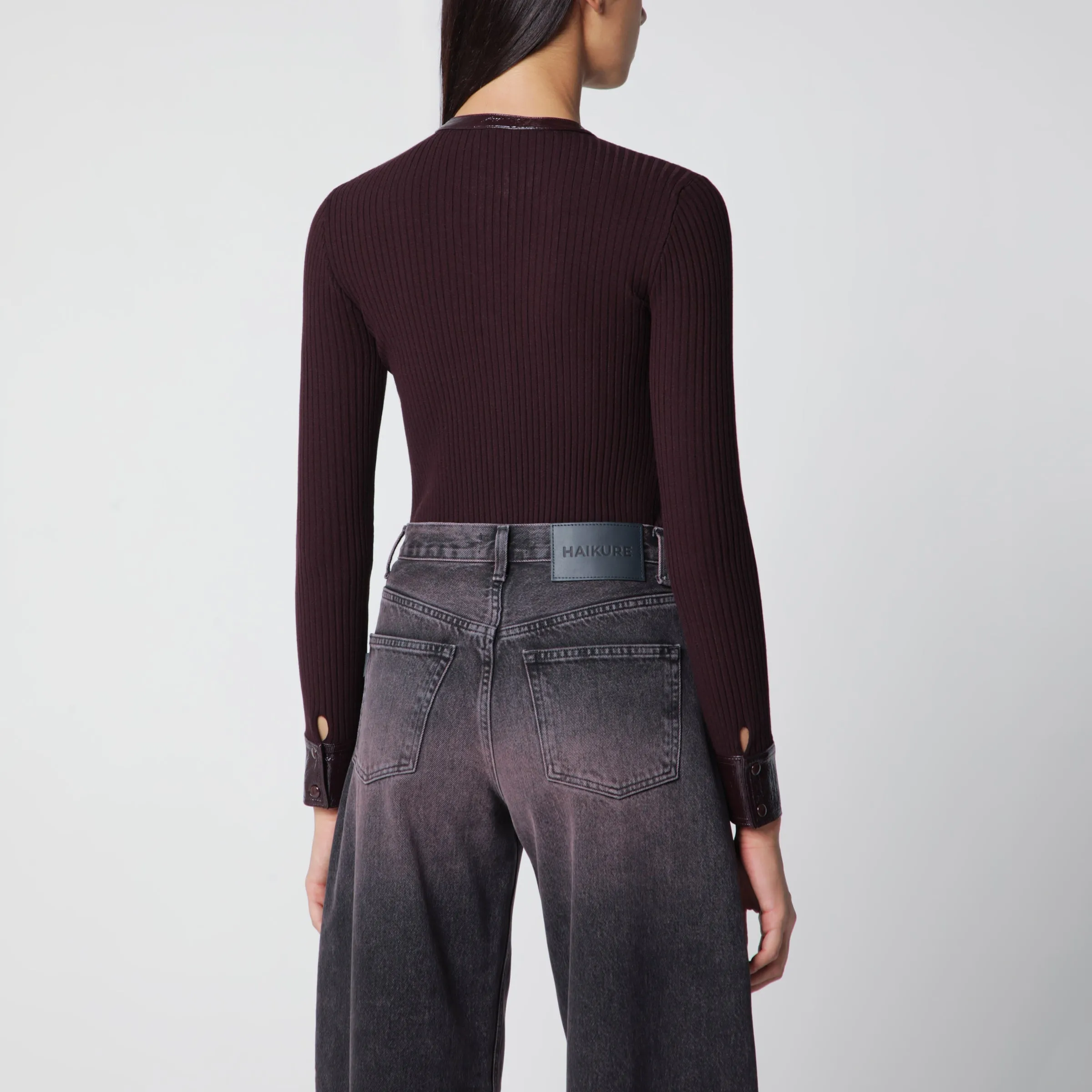 Ribbed Knit Cardigan With Vinyl Trim In Burgundy sold by Wanan Luxury product image thumbnail 3