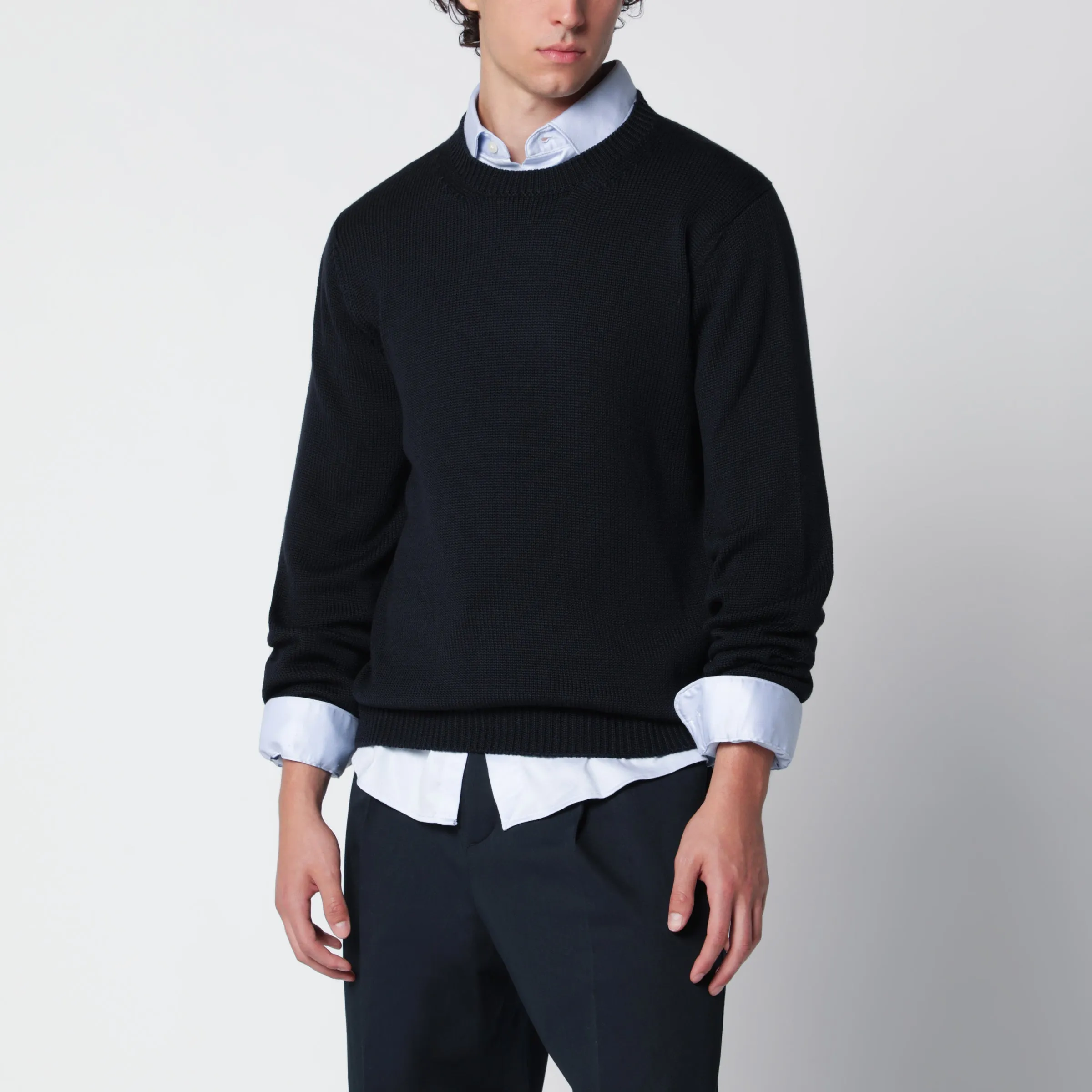 Navy Blue Wool Crew-Neck Sweater sold by Wanan Luxury