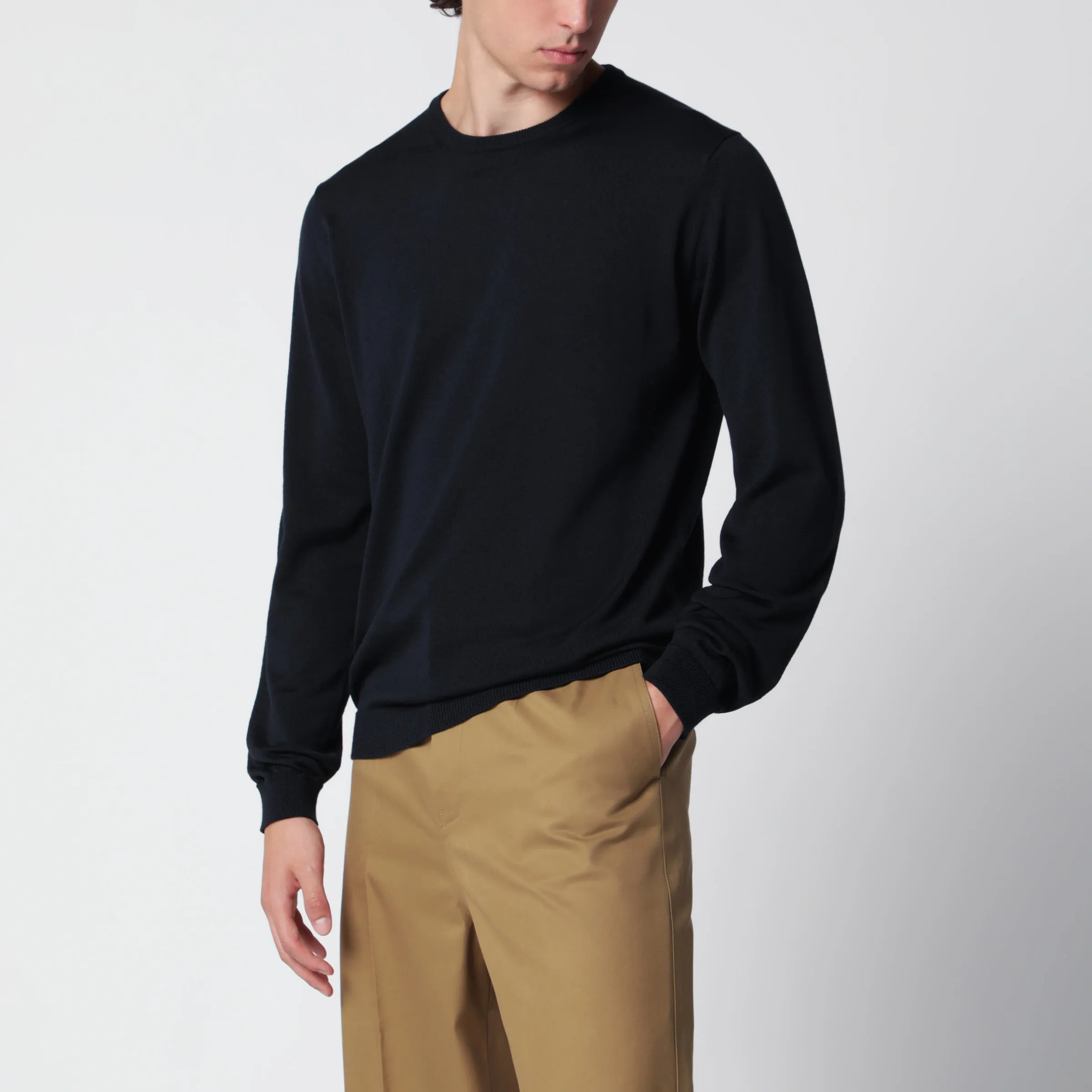 Navy Blue Wool Crew-Neck Knit Sweater sold by Wanan Luxury