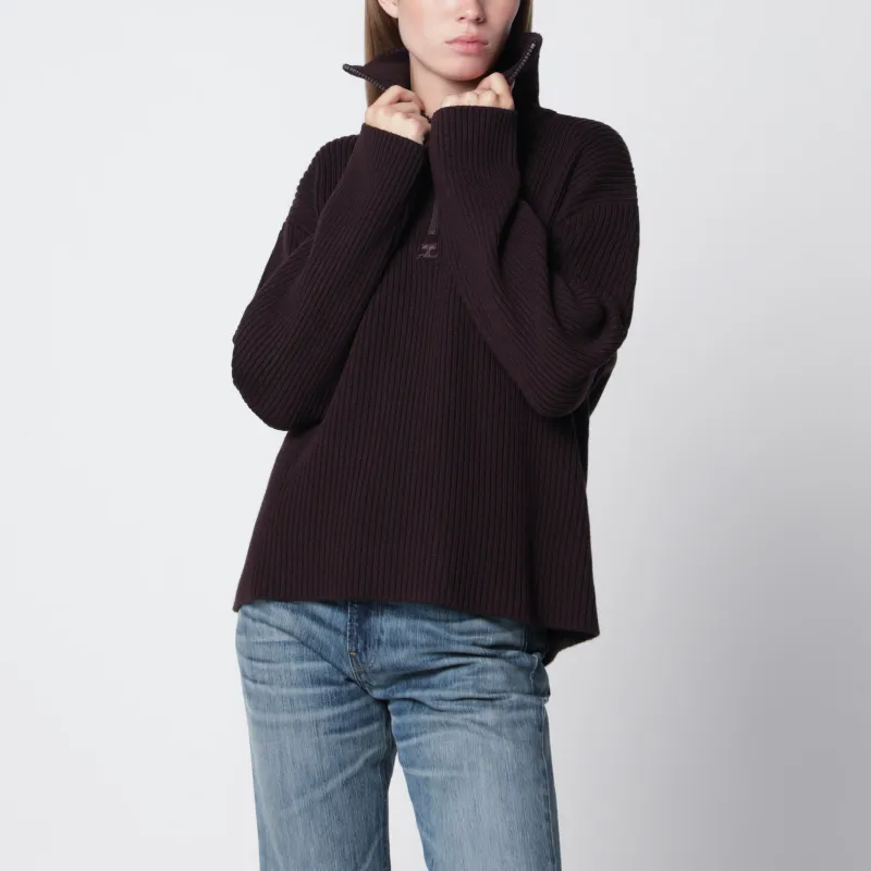 Dark Burgundy Ribbed Zip Sweater made by Courreges