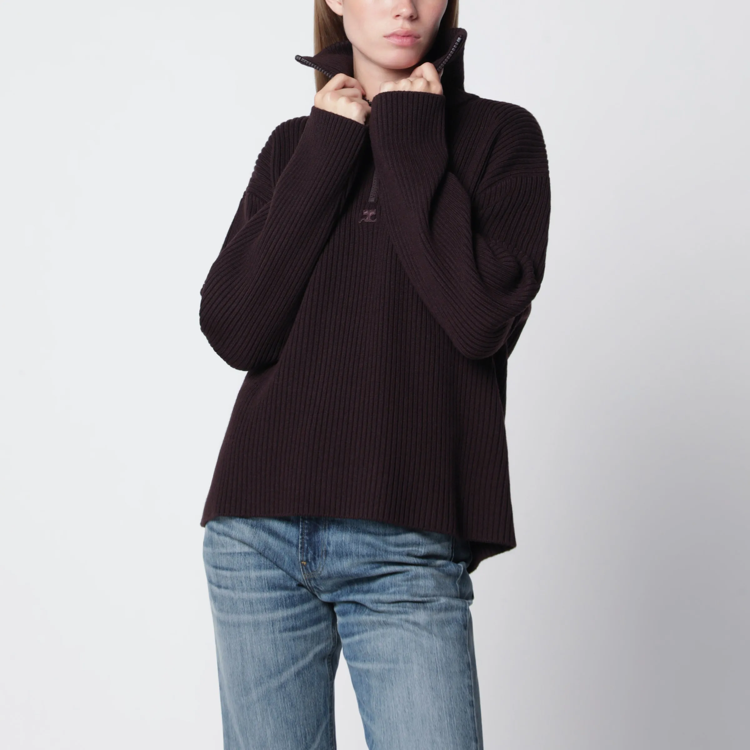 Dark Burgundy Ribbed Zip Sweater sold by Wanan Luxury