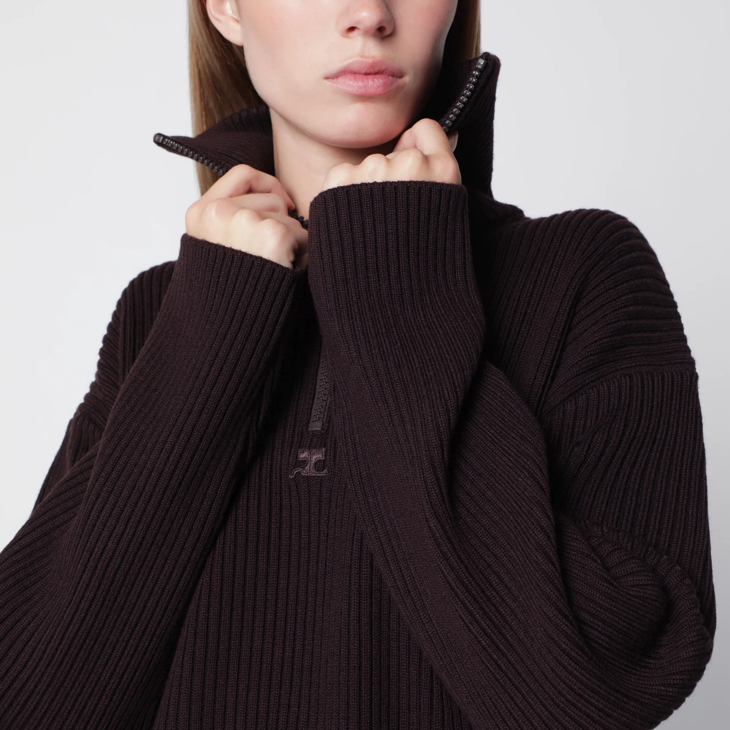 Dark Burgundy Ribbed Zip Sweater sold by Wanan Luxury product image thumbnail 2