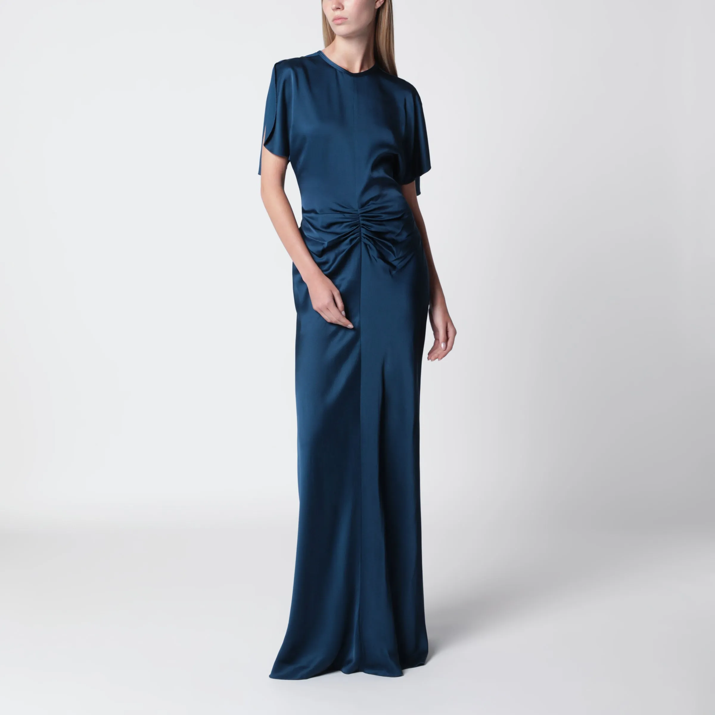 Ocean Blue Isabella Satin Crêpe Maxi Dress sold by Wanan Luxury