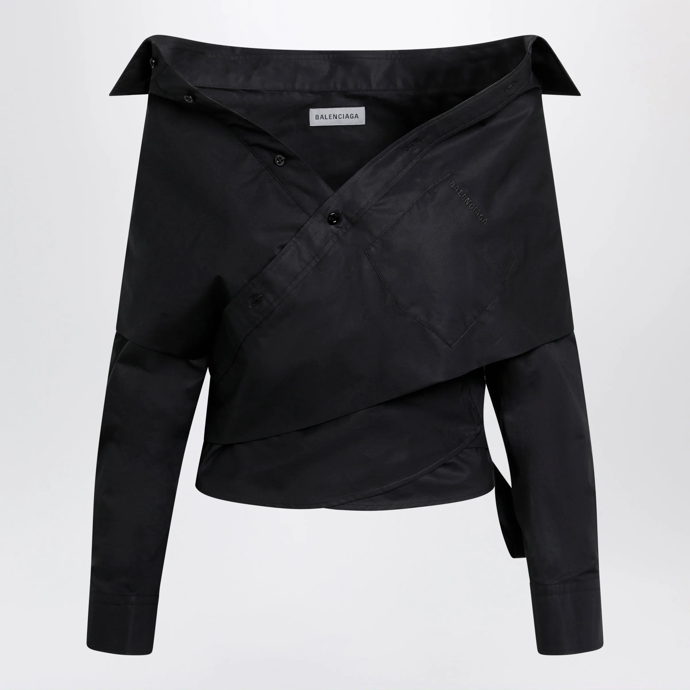 Off-Shoulder Wrap Shirt In Black sold by Wanan Luxury