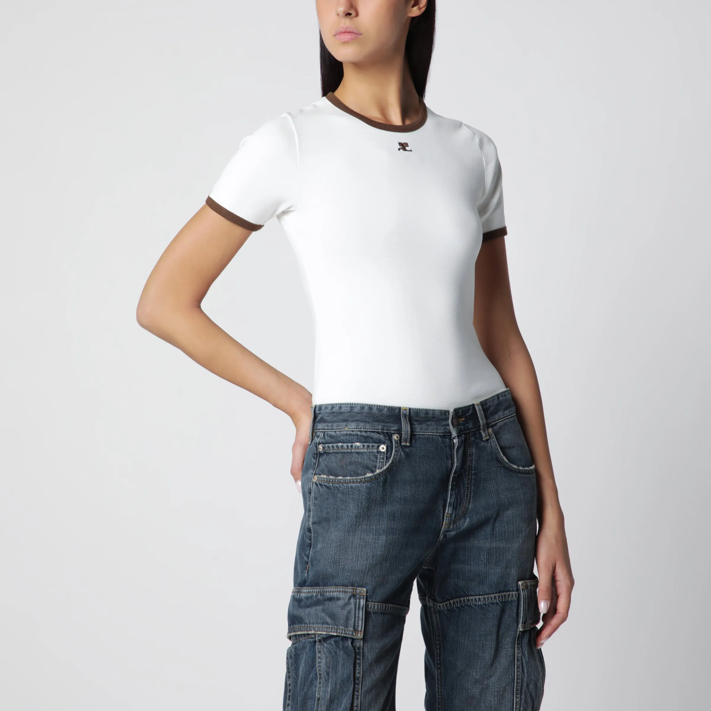 White/Brown Cotton T-Shirt With Contrast Crew Neck sold by Wanan Luxury