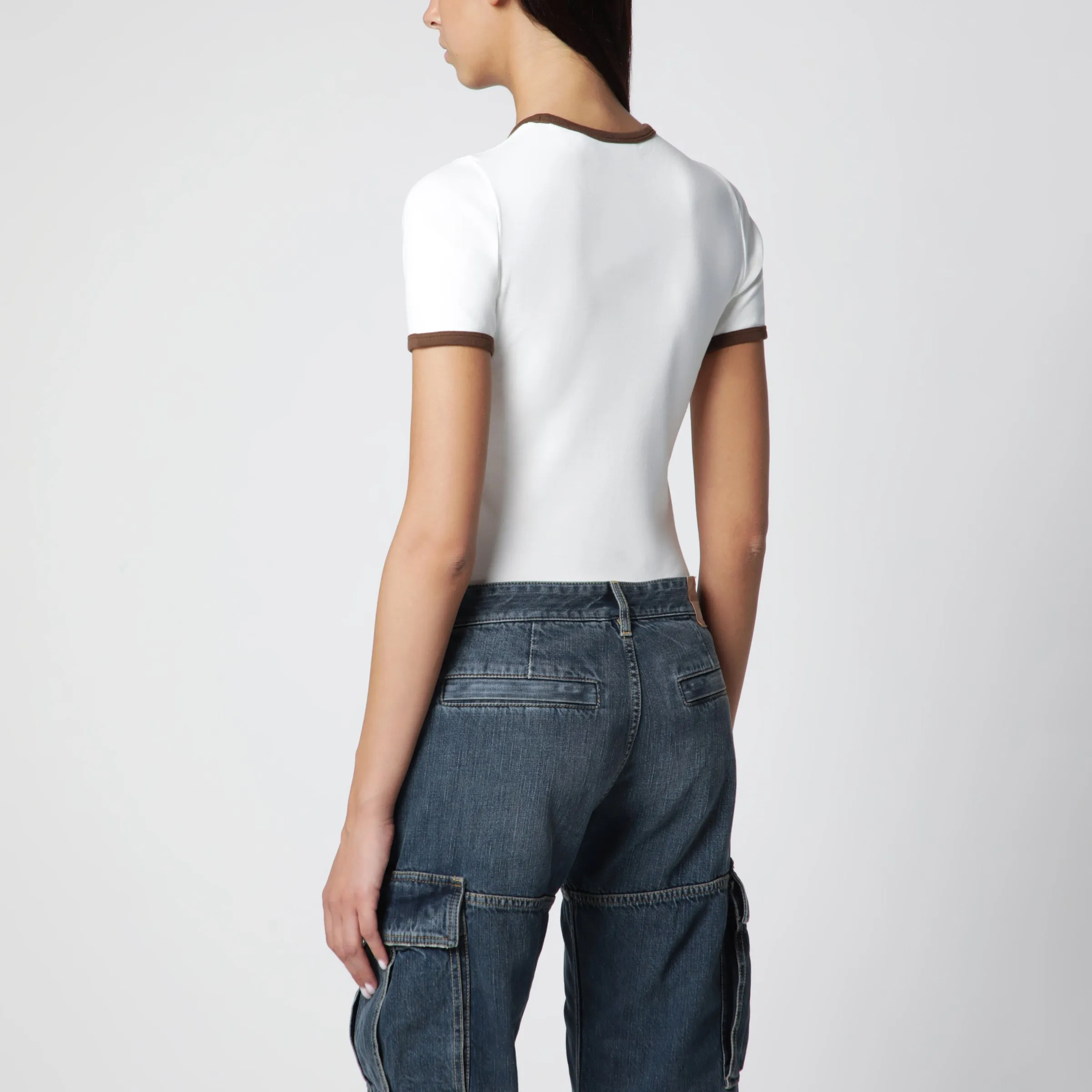 White/Brown Cotton T-Shirt With Contrast Crew Neck sold by Wanan Luxury product image thumbnail 3